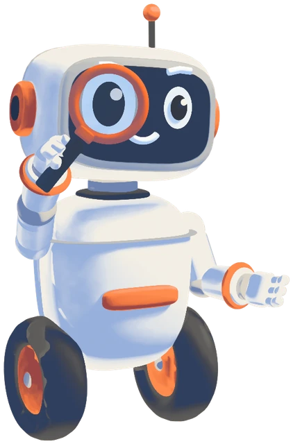 A small robot reading source pages through a magnifying glass